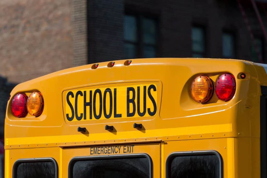 Close-up of the back of a yellow school bus with "SCHOOL BUS" signage and visible lights.