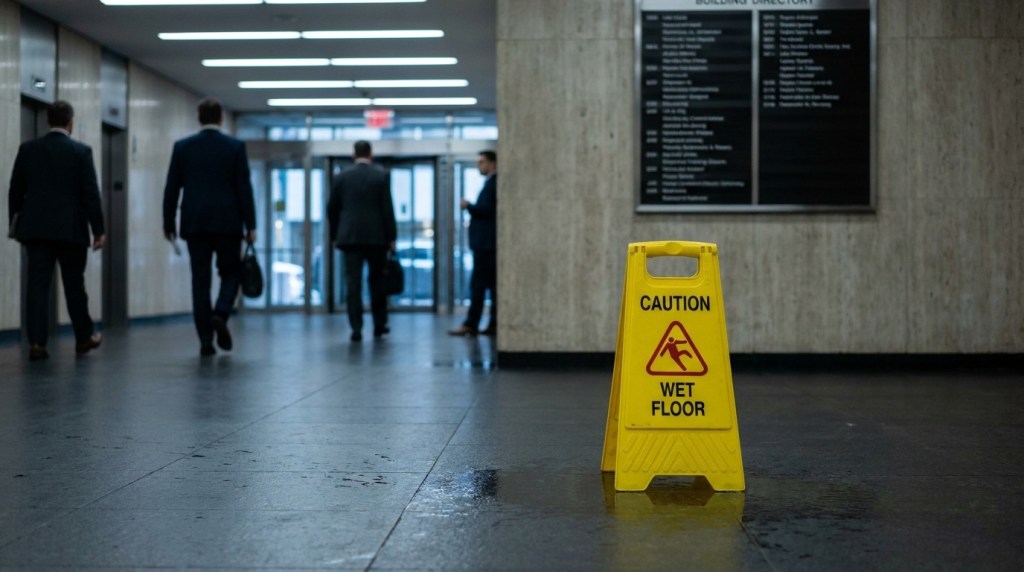 Caution Wet Floor sign on wet tile in busy office building corridor