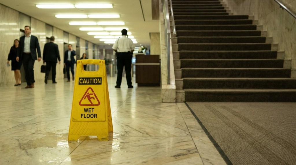 Caution Wet Floor sign on marble hallway floor near staircase with pedestrians
