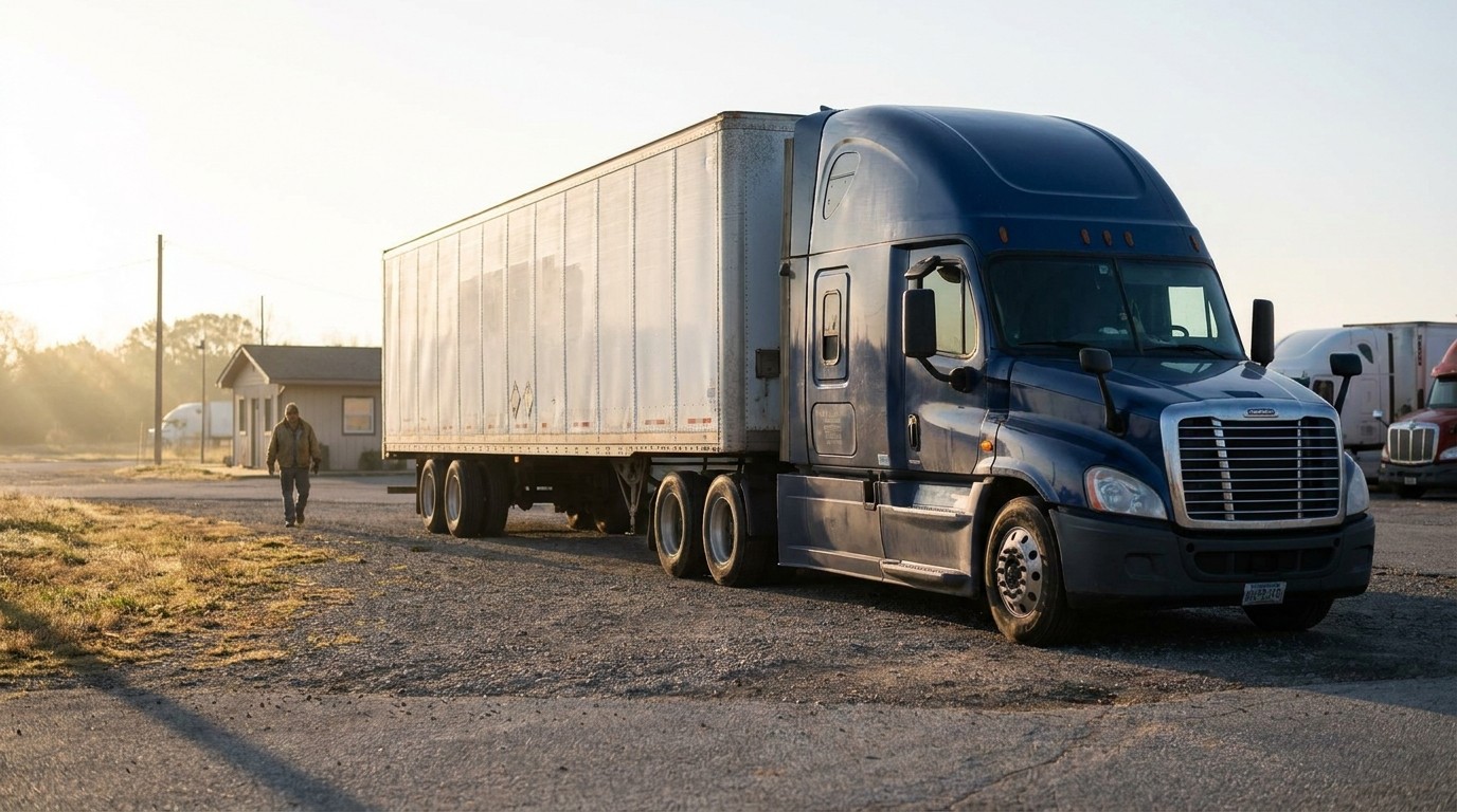 commercial semi-truck with trailer parked at truck stop, driver walking nearby