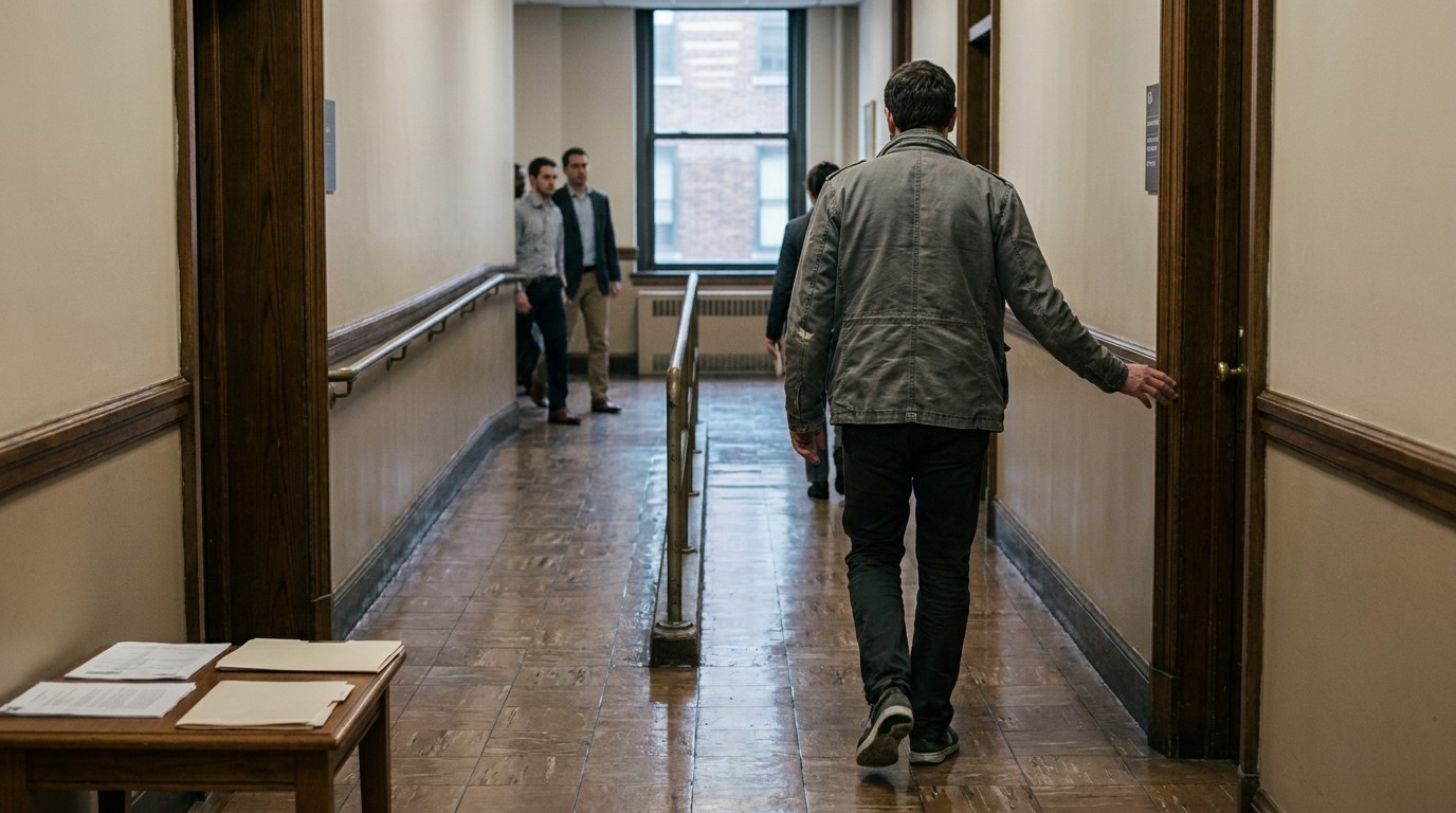 man walking through courthouse hallway with legal documents on nearby table