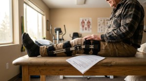 man seated on exam table wearing knee brace with medical discharge document nearby