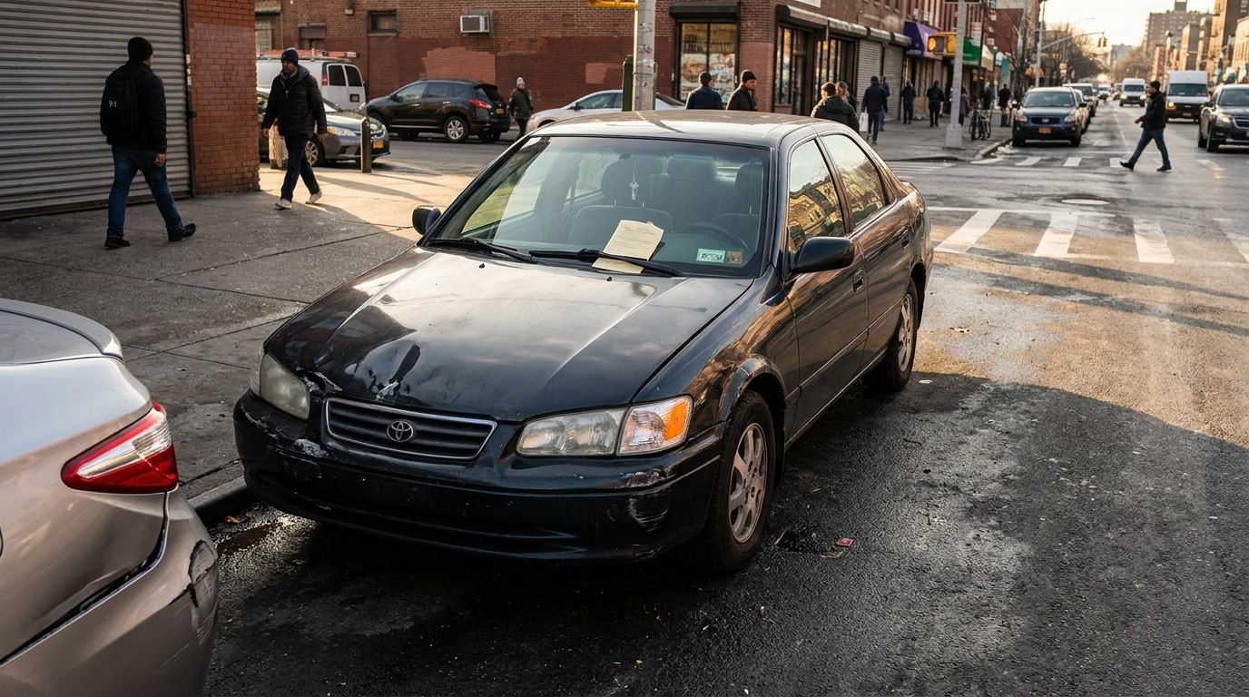 Toyota Camry sedan with parking ticket on windshield at urban street corner