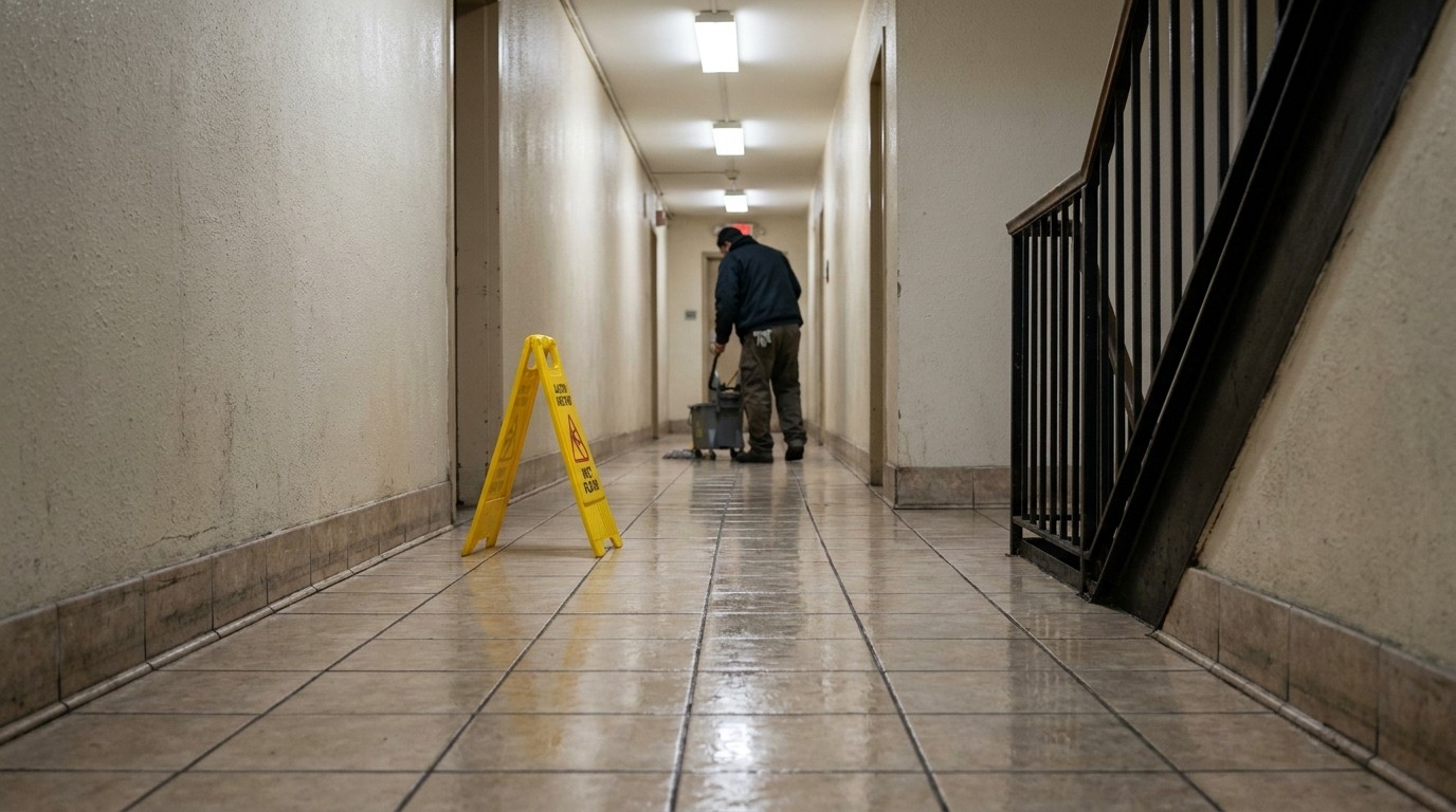 janitor mopping wet floor in hallway beside caution wet floor sign