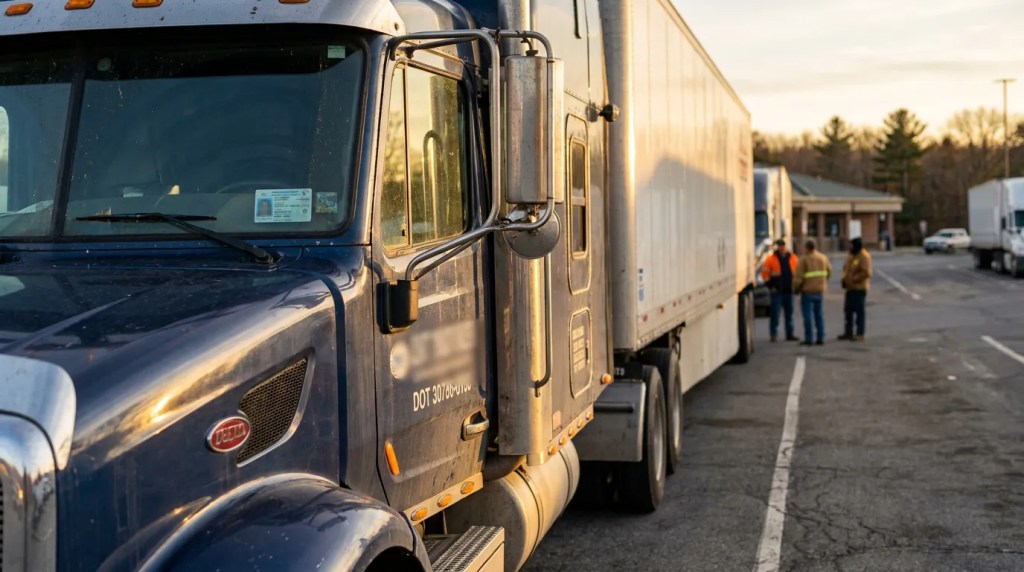 DOT-numbered semi-truck cab parked with workers standing alongside trailer