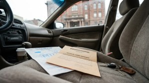 New York State document and Notice of Lapsed Insurance on car seat with keys