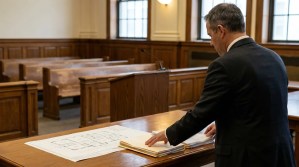 attorney in suit reviewing blueprints and case files at courtroom table