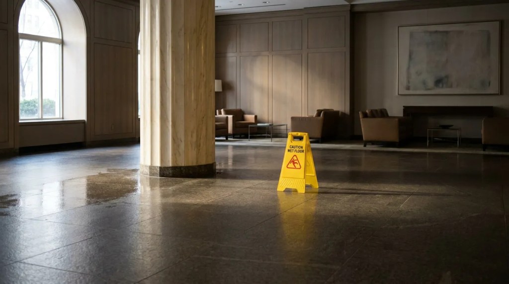Caution Wet Floor sign on wet tile floor in upscale building lobby