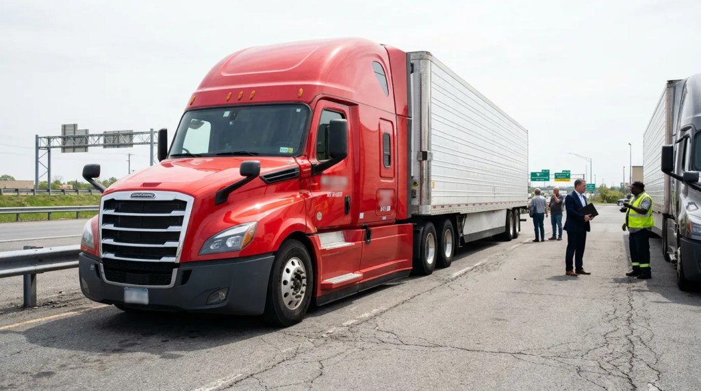Freightliner semi-truck stopped on highway shoulder with investigators examining scene