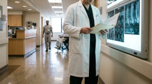 physician in lab coat reviewing medical file beside X-ray imaging display in hospital hallway