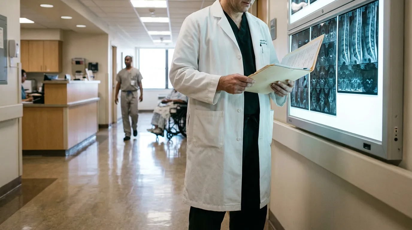 physician in lab coat reviewing medical file beside X-ray imaging display in hospital hallway
