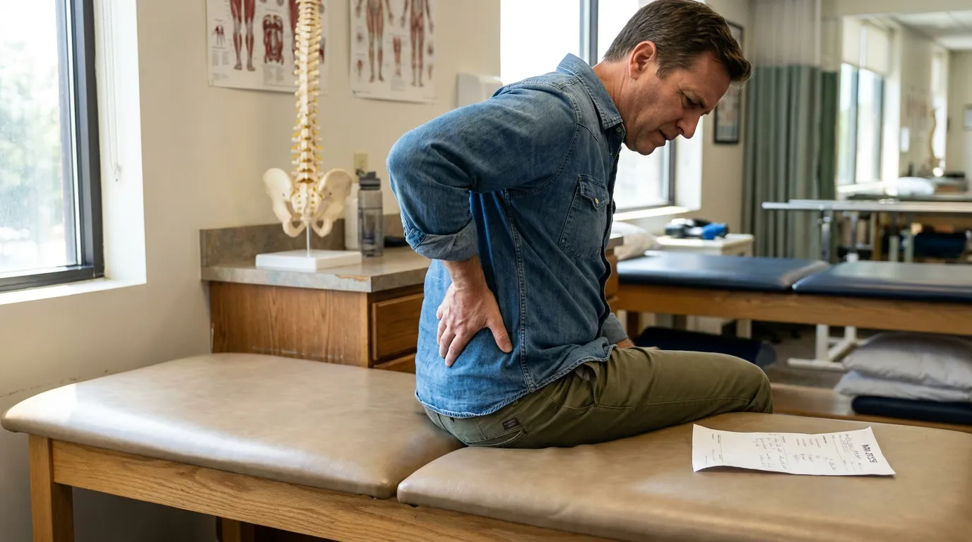 man clutching lower back in pain seated on medical examination table