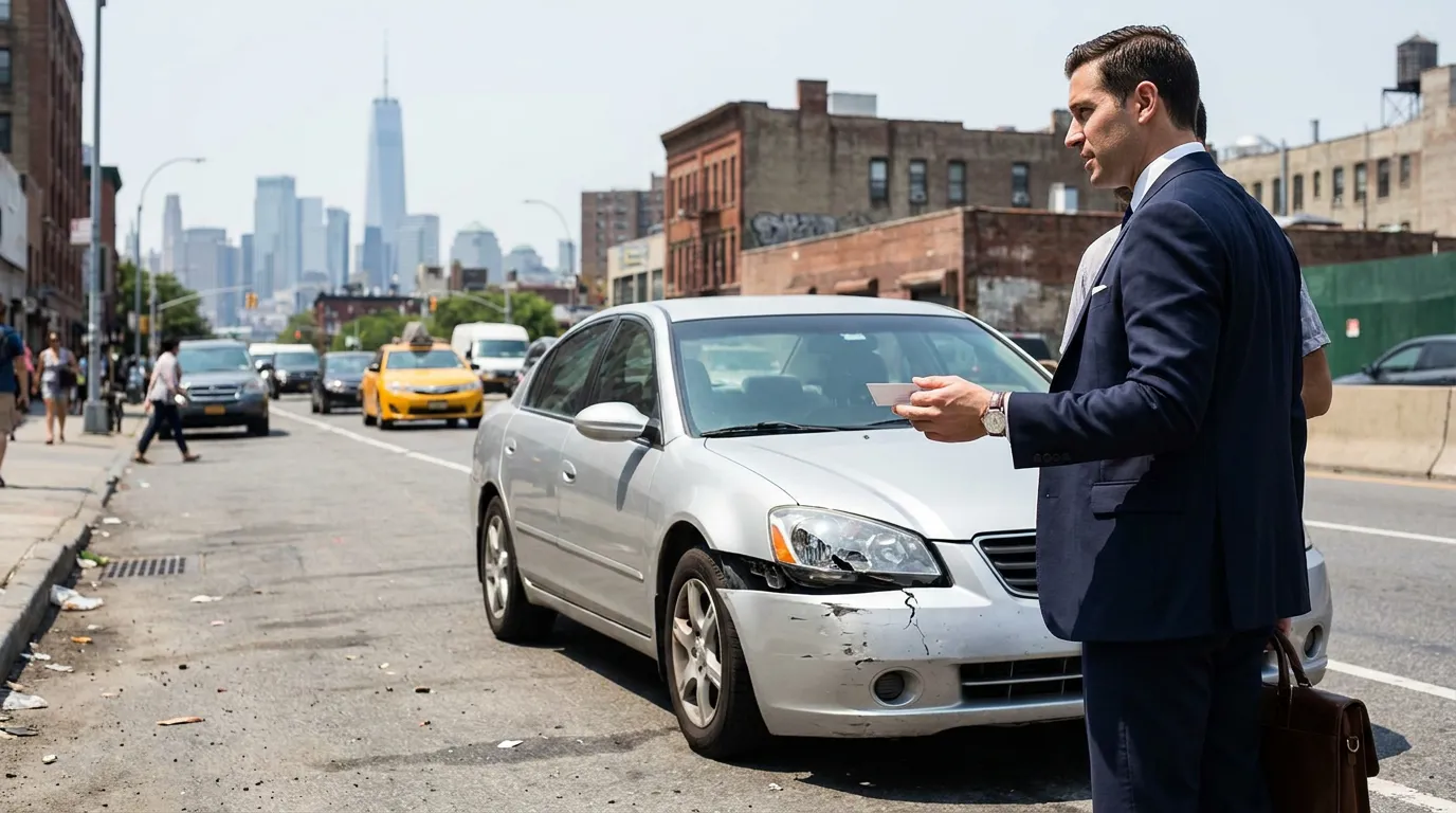 suited man holding card beside damaged sedan on busy city street