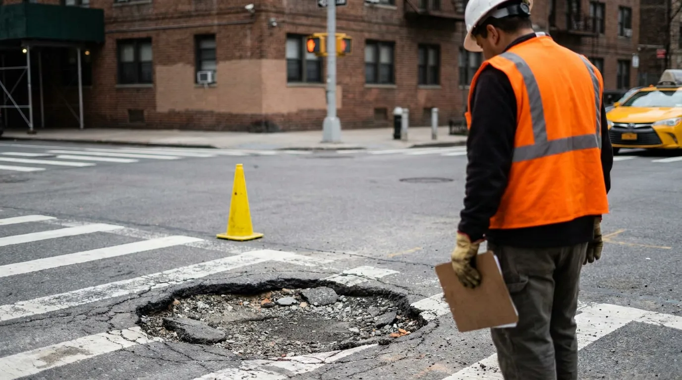 safety vest worker holding clipboard inspecting large pothole at urban intersection