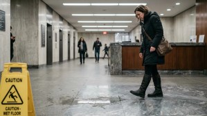 woman walking near caution wet floor sign on slippery marble lobby floor
