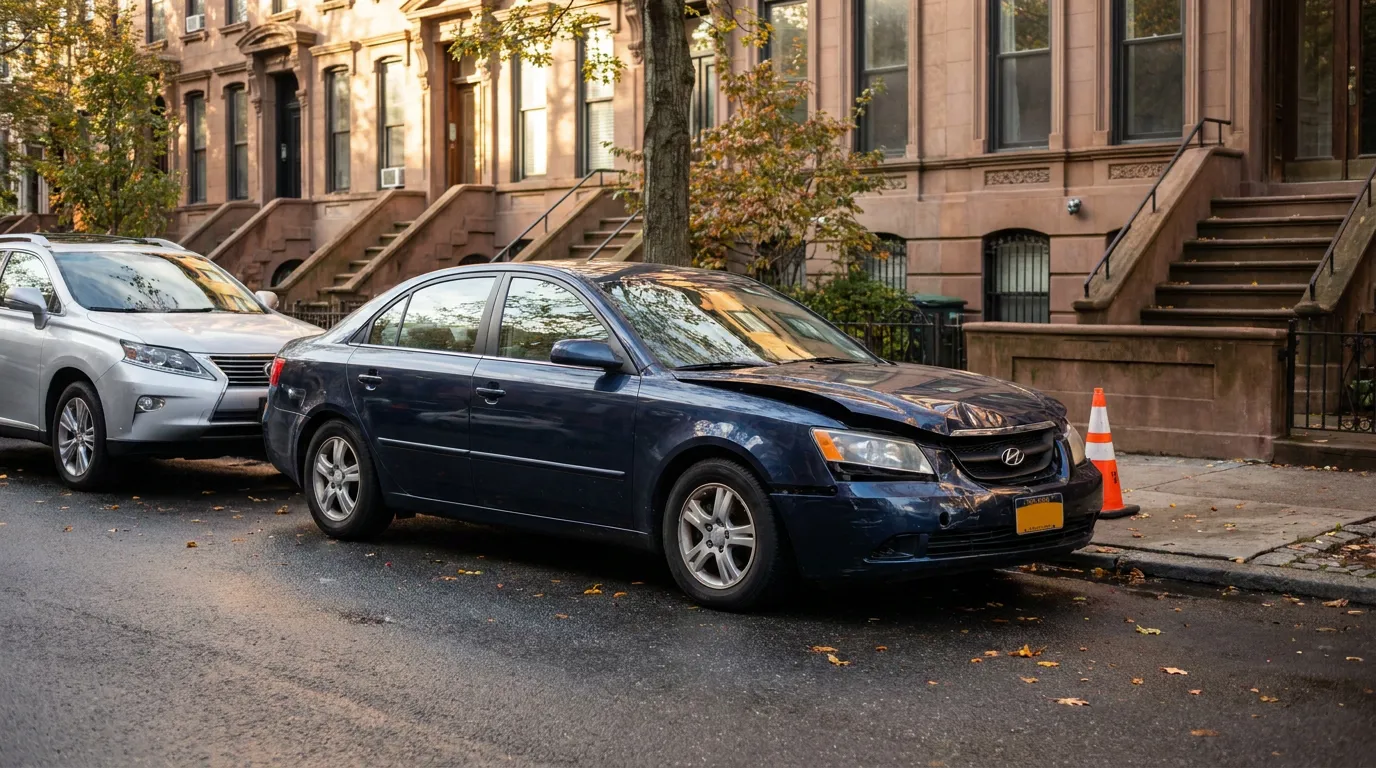Hyundai sedan with front-end collision damage parked on urban residential street