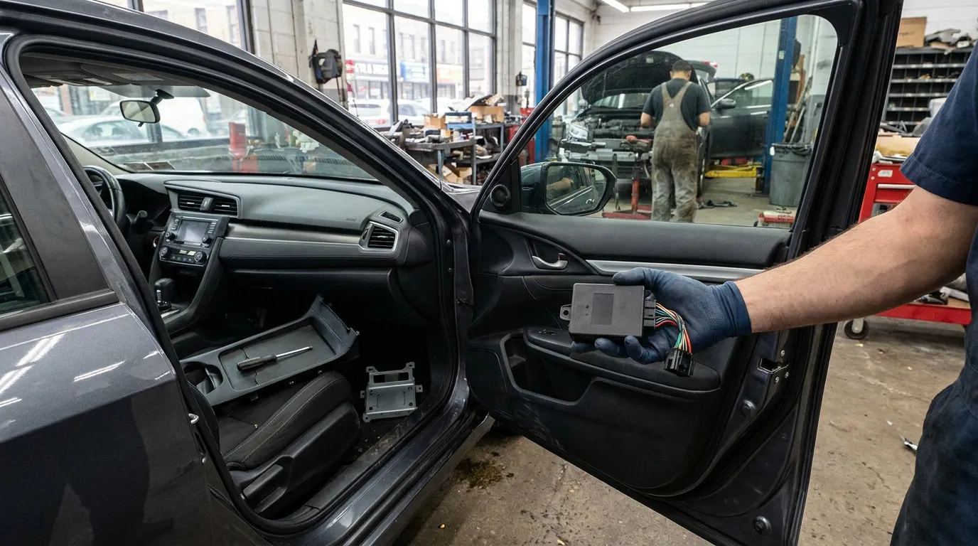 gloved mechanic removing electronic control module from car door panel in auto shop