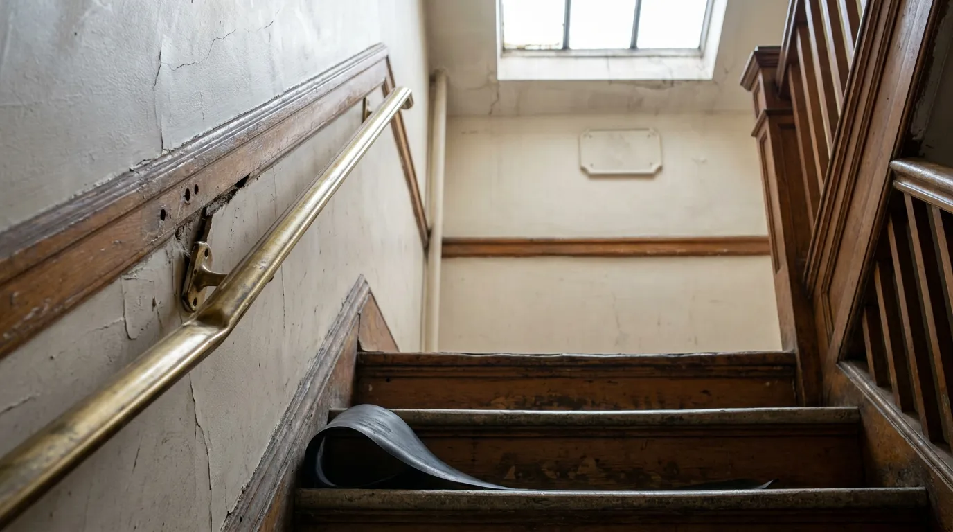 worn wooden staircase with loose peeling floor material and damaged handrail bracket