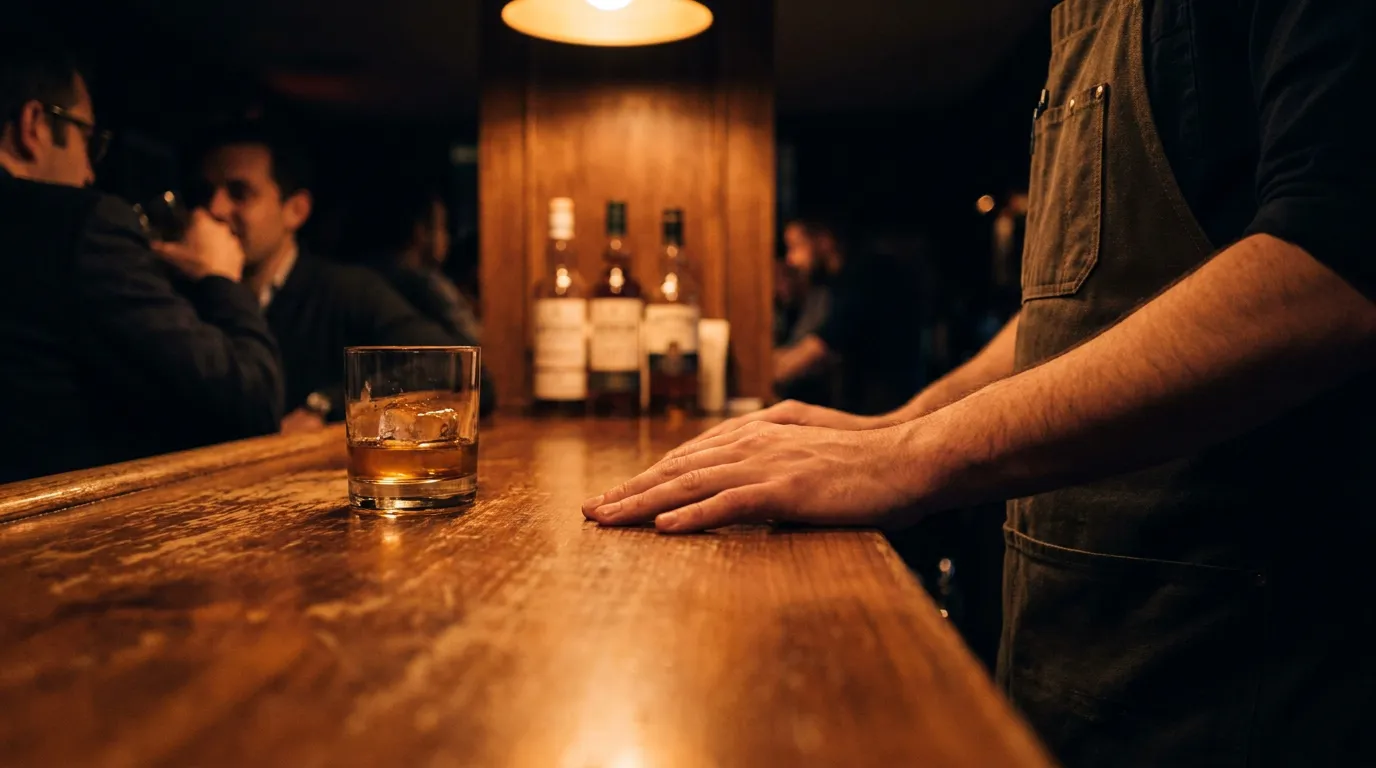 bartender standing at wooden bar counter with whiskey glass and liquor bottles