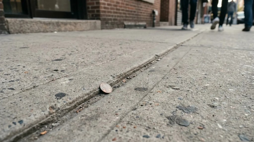 penny coin resting in cracked sidewalk joint with pedestrians walking nearby