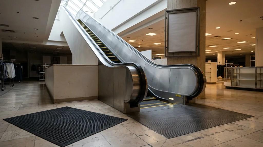 metal escalator inside retail department store with tiled floor and clothing racks