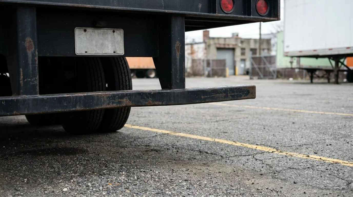 close-up of commercial truck trailer undercarriage with rear bumper guard and license plate