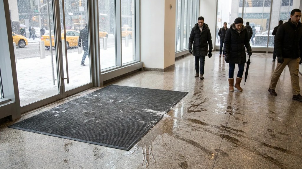 pedestrians walking on wet slippery lobby floor near snow-covered entrance mat